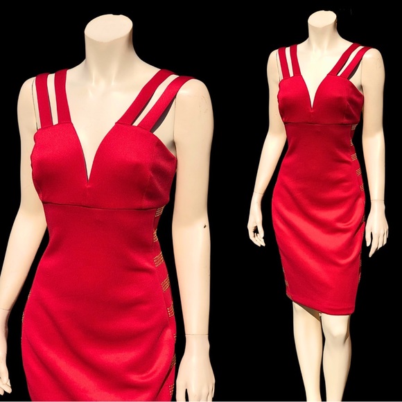 GUESS Deep V Strappy GOLD STUD Body Con Halter Party Dress 4 NWT - Picture 3 of 10